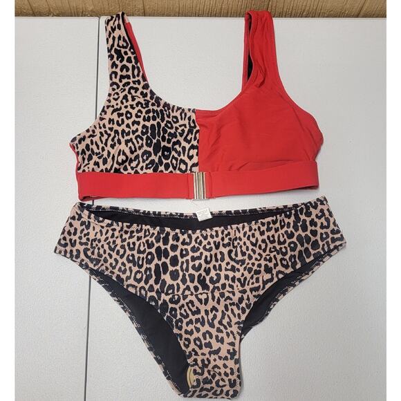 2 Piece Leopard Print & Red Bikini sz Lg NWOT Sports Bra Fit - Picture 1 of 6